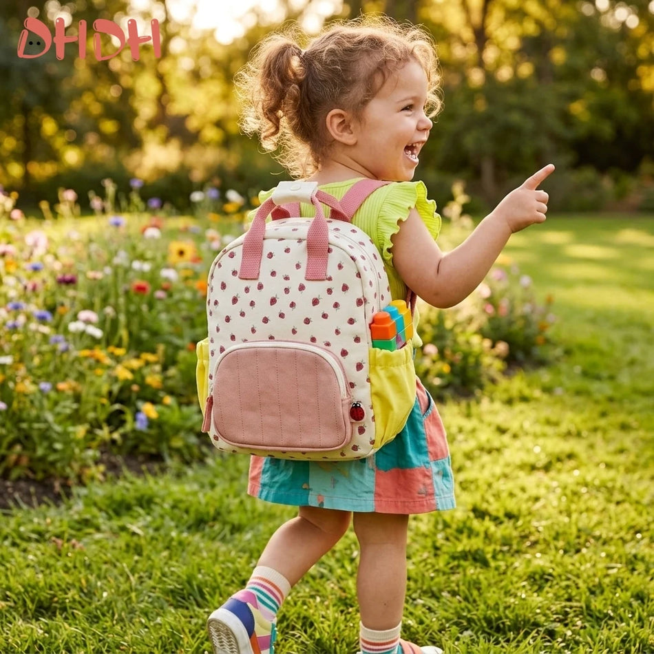 Sac à dos en toile pour enfants avec broderie premium de fraise Dopamine