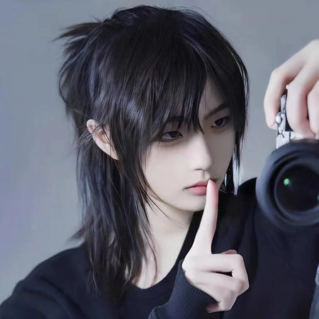 Short Mullet Wig with Bangs - Synthetic Straight Hair for Cosplay and Daily Use