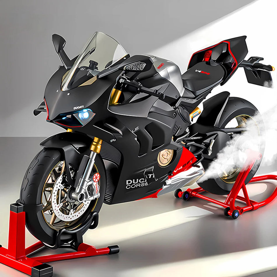 Model de motocicletă din metal, jucărie diecast, 1:6, cu caroserie din metal și anvelope din cauciuc.