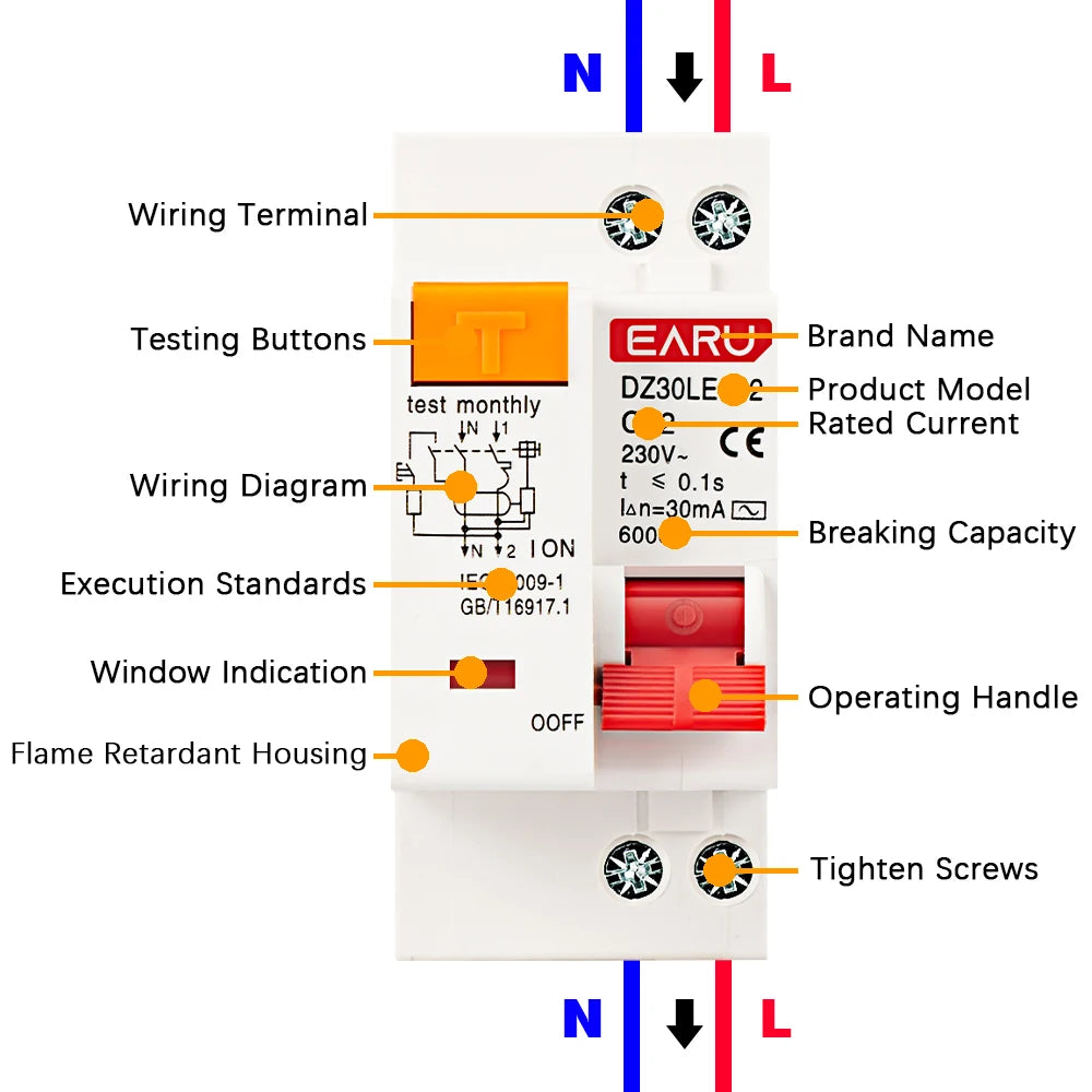 EARUELETRIC 230V 1P+N RCBO MCB with Overload &amp; Short Circuit Protection, 6-63A