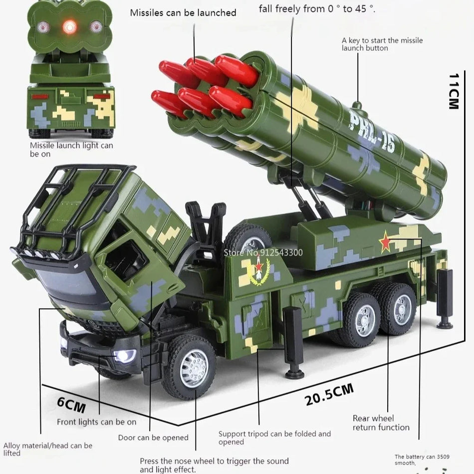 1:32 Mașină de jucărie cu lansator de drone militare din metal, cu sunet și lumină