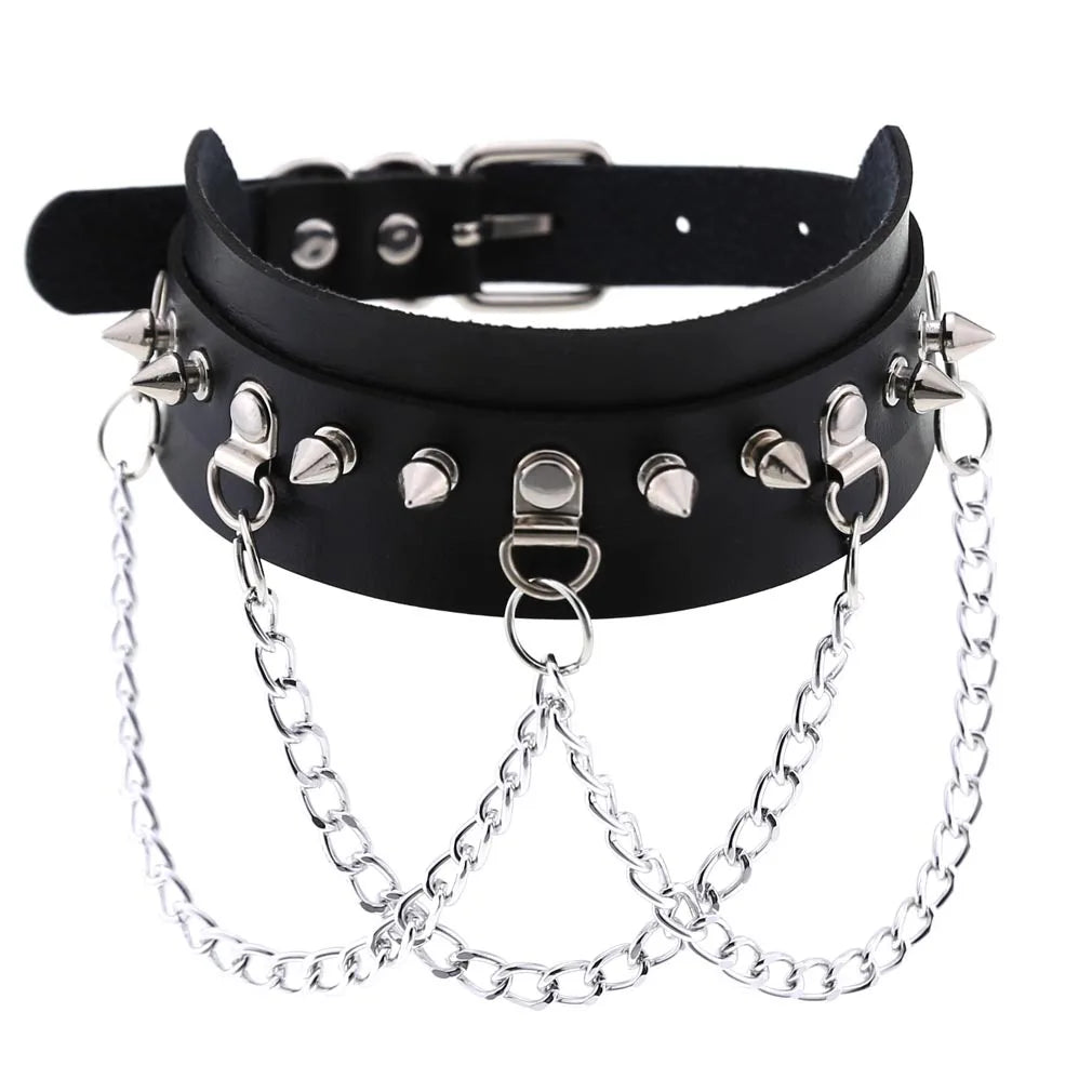 Punk Spike Rivet Leather Choker with Pentagram Pendant for Women W4604