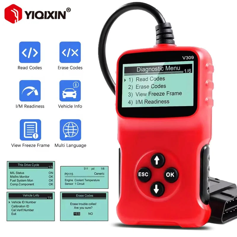 Сканер V309 OBD2 с считывателем кодов DTC, диагностический инструмент для проверки индикатора неисправности двигателя