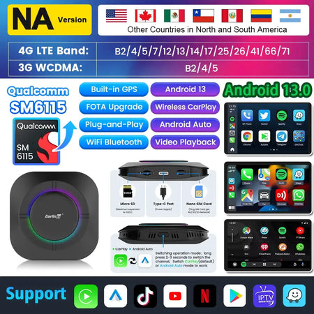 Carlinkit AI Box LED Android 13 Wireless CarPlay Adapter 64G 6115 Android 13 NA / 4GB 64GB