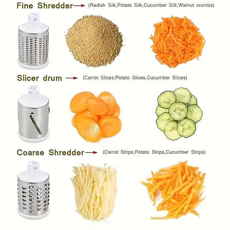 Manual Vegetable Cutter &amp; Slicer - Multifunctional Cheese &amp; Garlic Shredder with 3 Sharp Drums