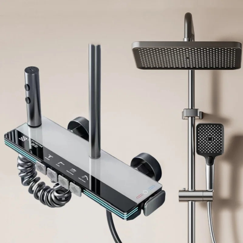 Rainfall Shower System With Digital Temperature Display, Brass Body, Chrome Finish