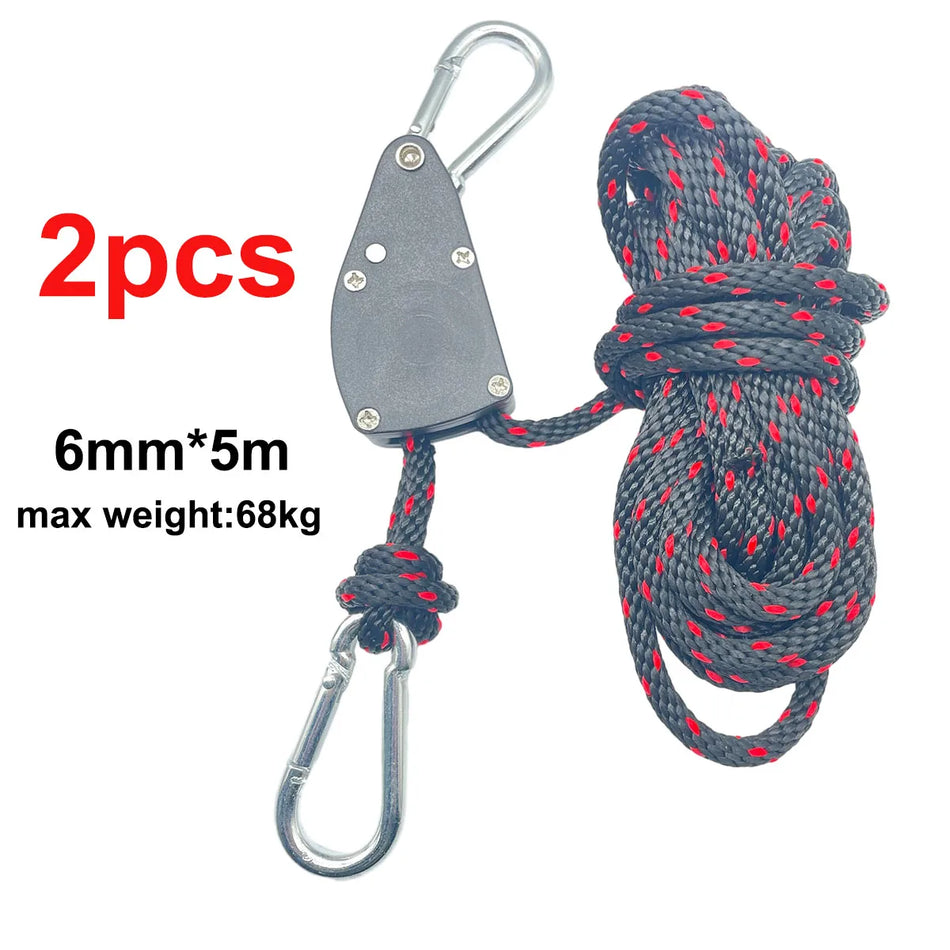 Heavy Duty 6mm 5m Camping Tent Tie Down Rope with Pulley and Hooks (2pcs)