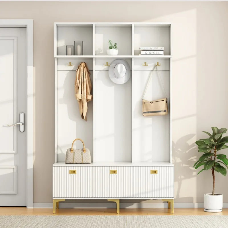 Hvidt Garderobesæt Med Bænk Og Seks Guld Krog 120 Cm