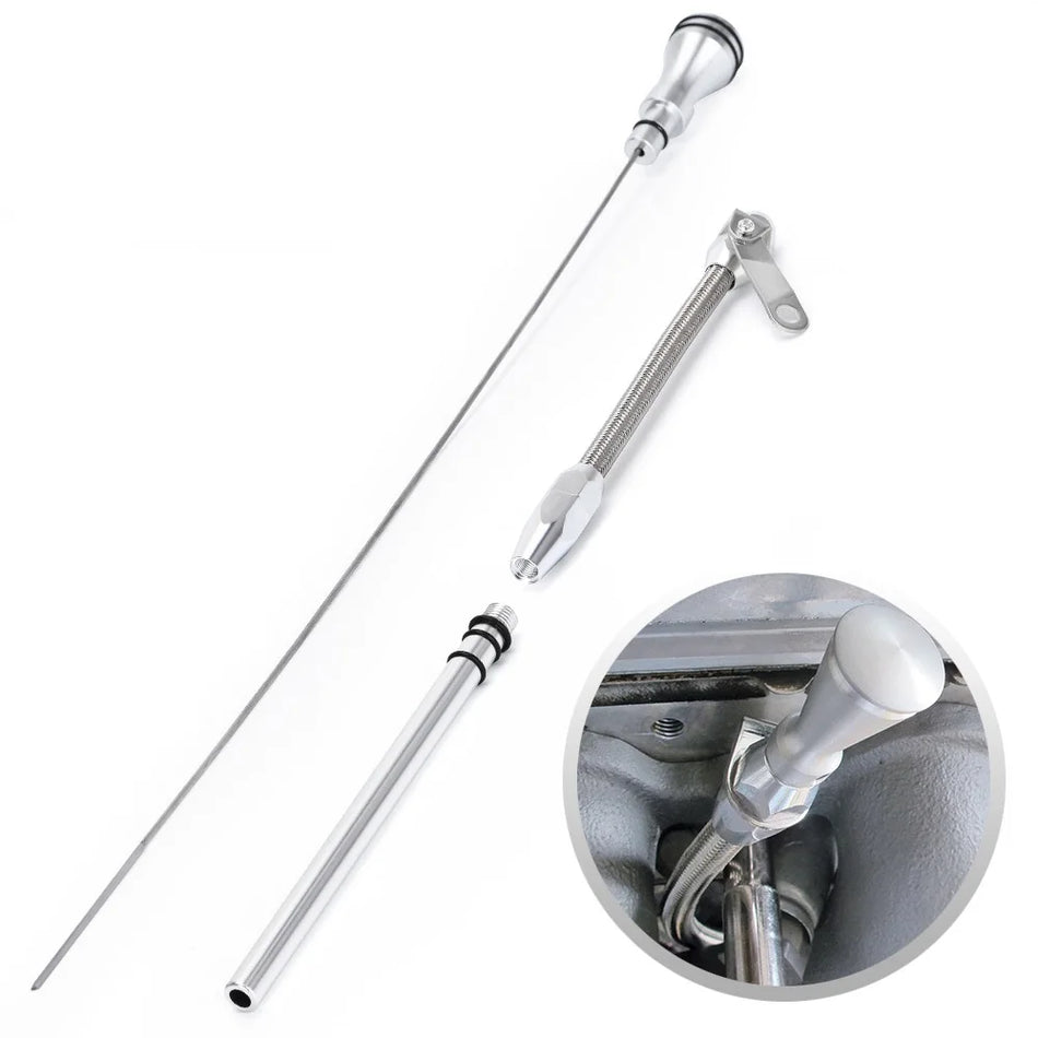 Chevy Small Block Gen I Dipstick Tube, Stainless Braided, Flexible