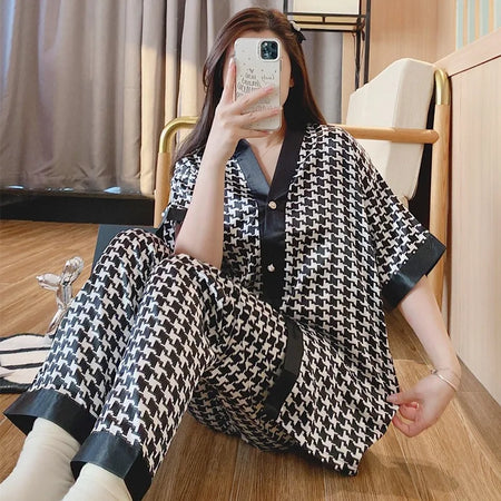 Ice Silk Pajamas for Women - Summer Nightwear Set with Cartoon Print
