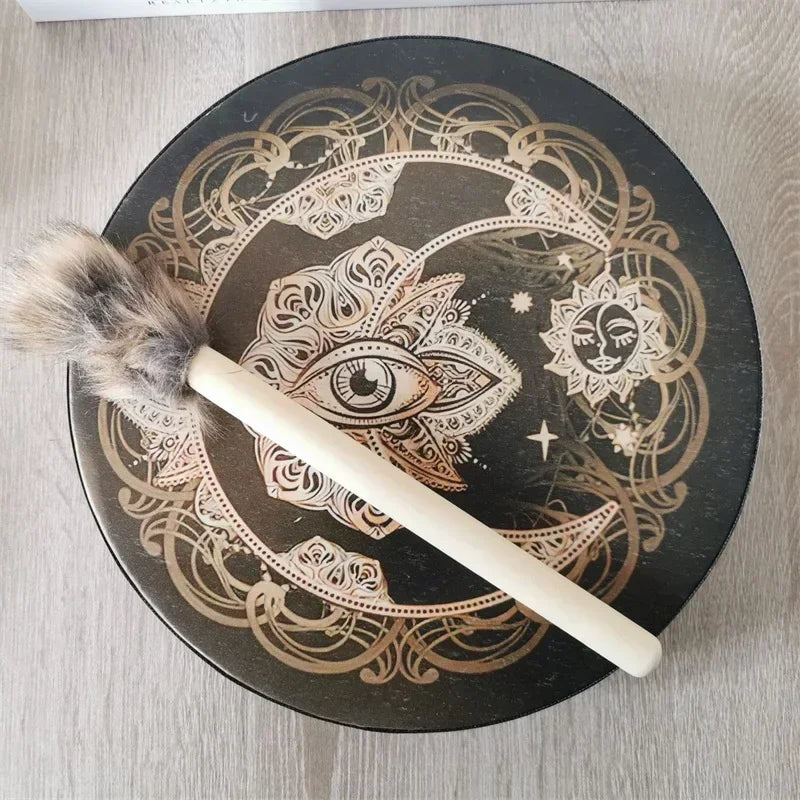 Tobă shamanică de mână de 10 inci cu baston, cadru din nuc pentru meditație, yoga și vindecare prin sunet