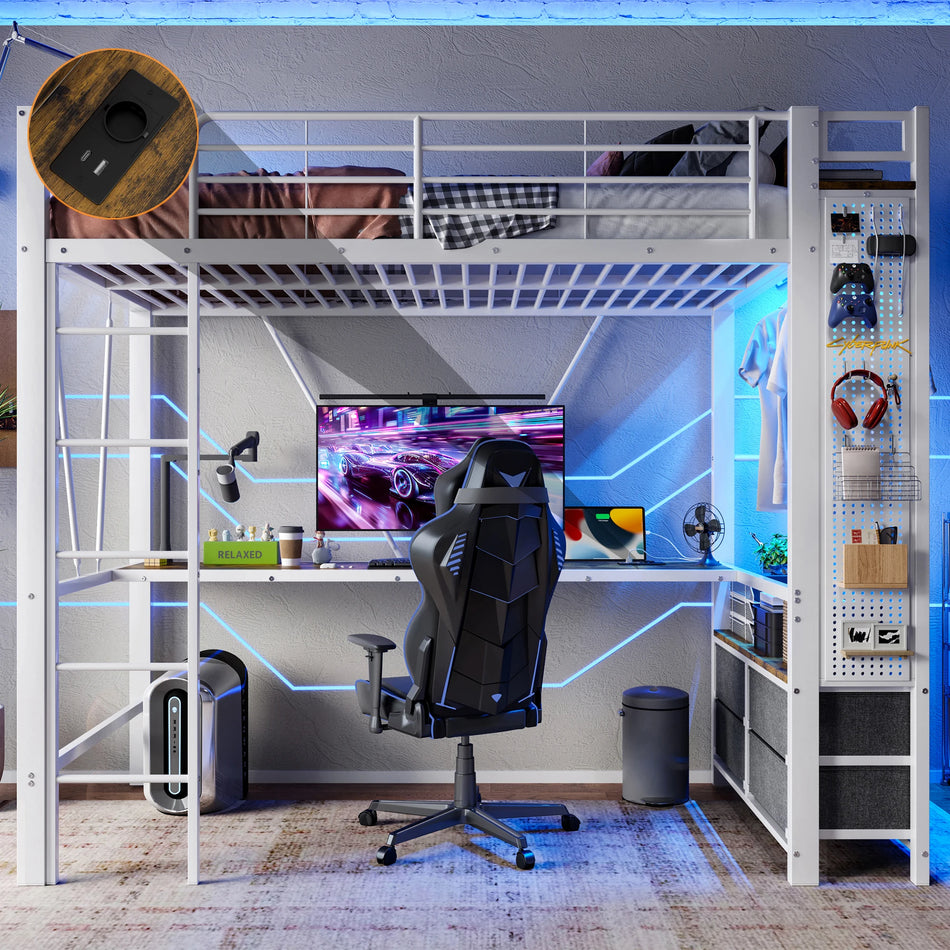 Loftsäng 90x200 CM Järnram Skrivbord Hyllor Lådor USB C LED