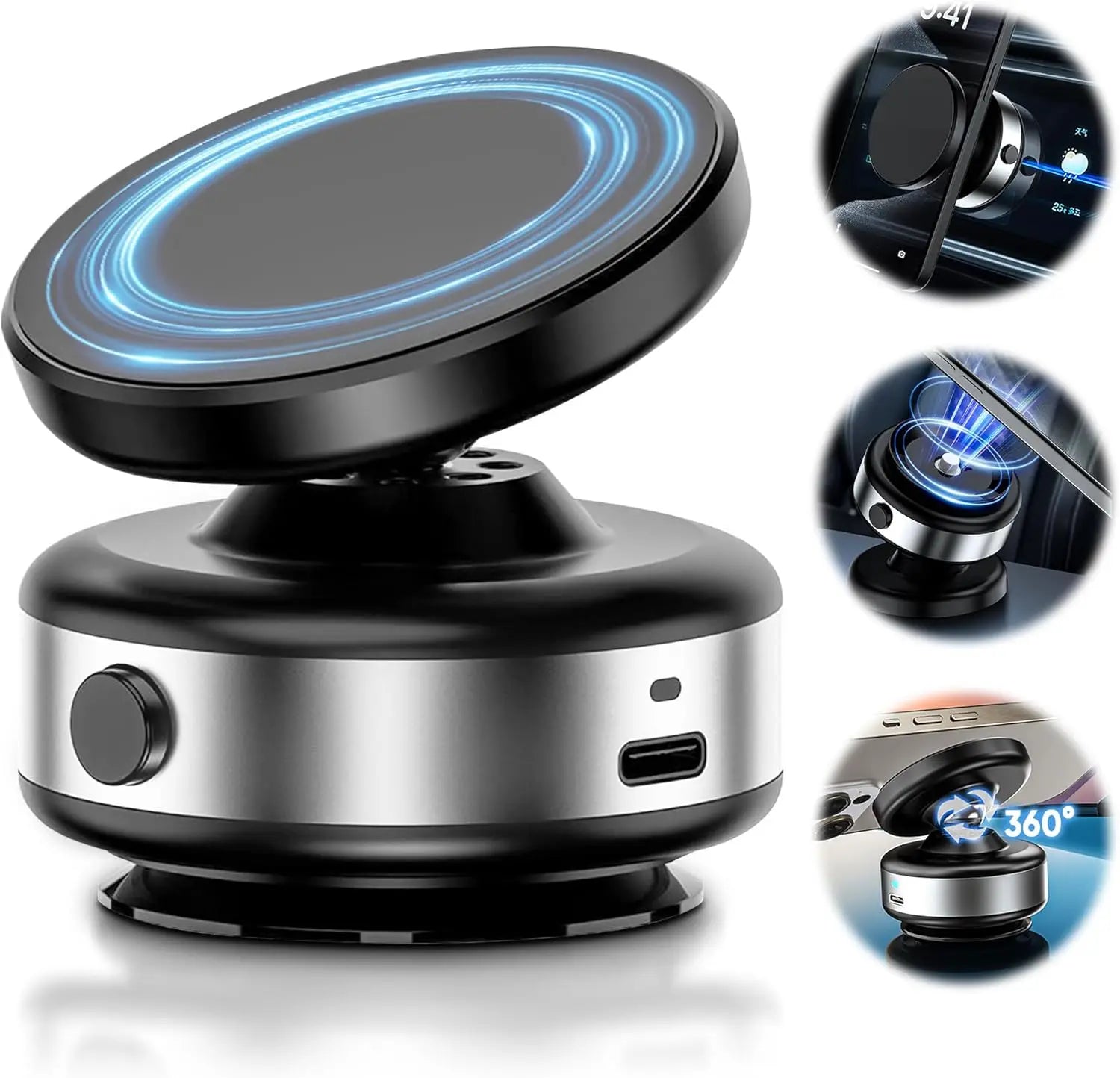 CrownQu Electric Vacuum Magnetic Car Mount Stand &ndash; 360 Degree Rotation with Strong Suction Cup