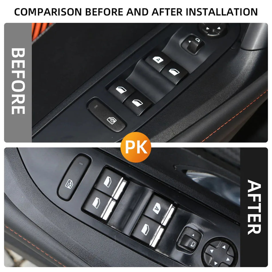 Nálepka pre Peugeot 208 na tlačidlo ovládania okna s flitrami, vyrobená z odolného materiálu ABS