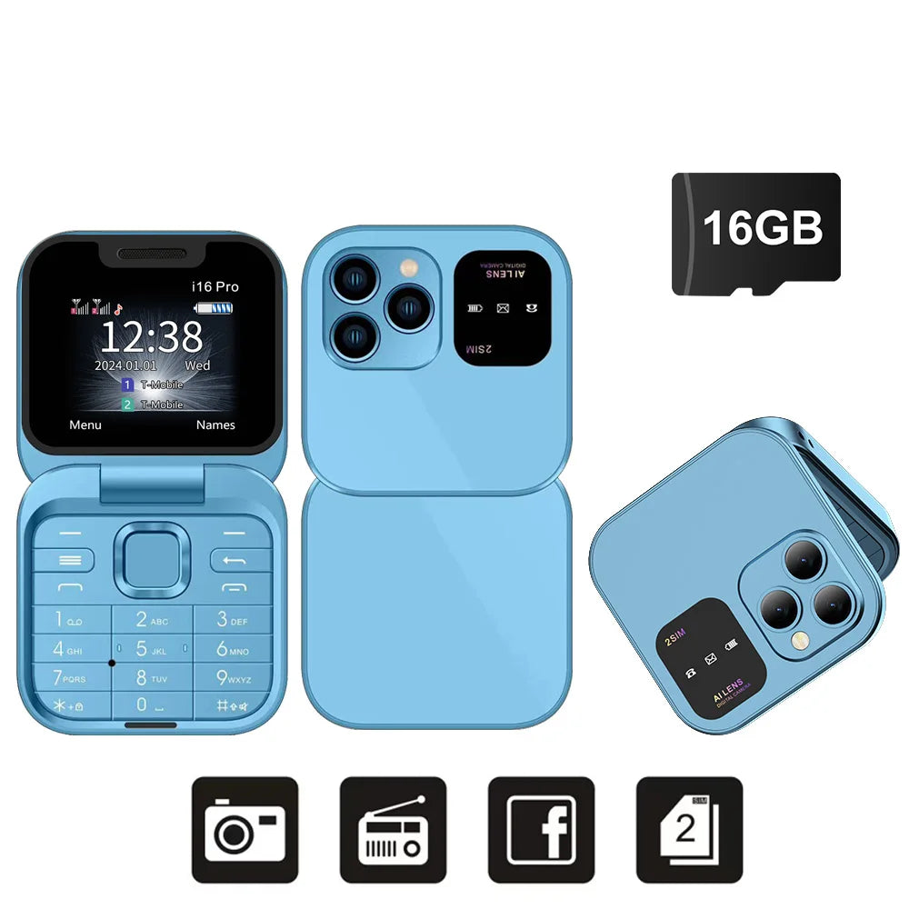 SERVO 2024 Mini Flip Phone &ndash; Ultra Slim Dual SIM FM Radio Blue N 16GB TF card