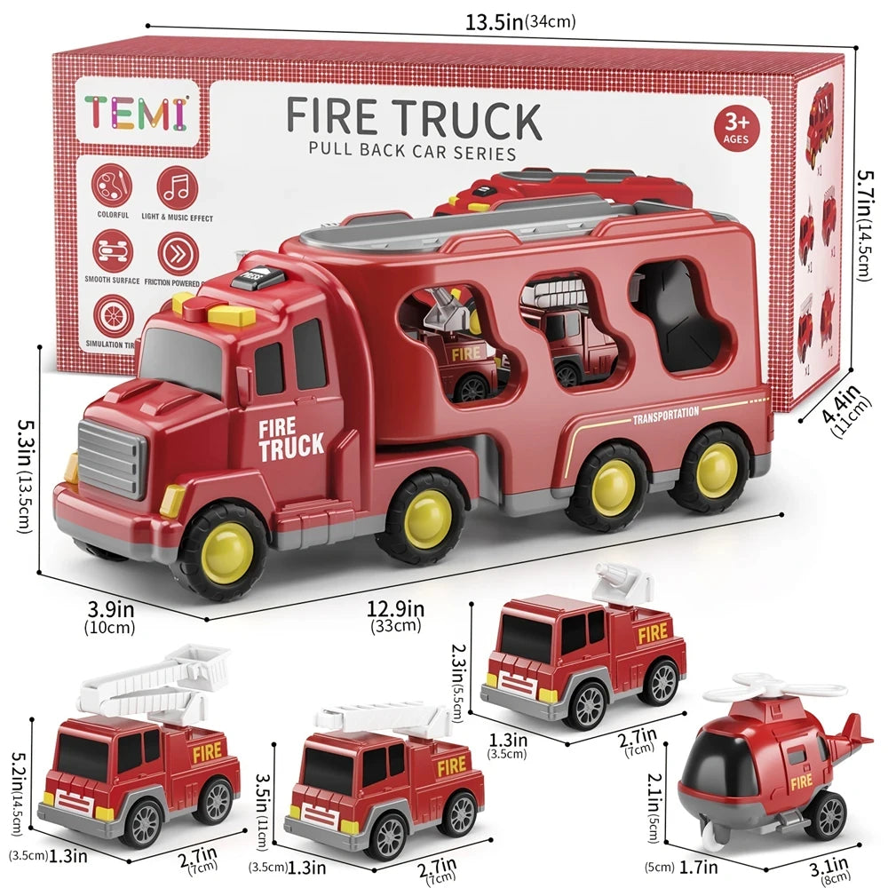 Friction Power 5-in-1 Carrier Truck &amp; Fire Engine Toy Set for Toddlers