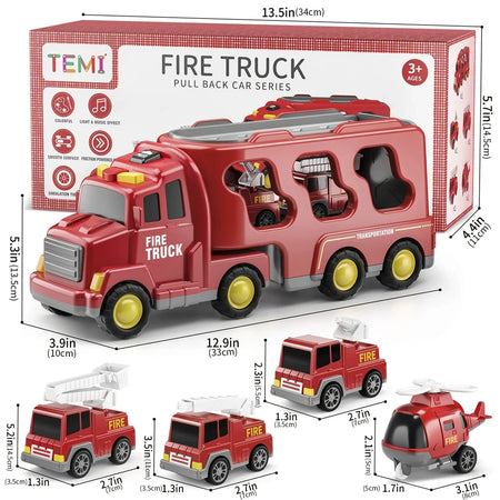 Friction Power 5-in-1 Carrier Truck &amp; Fire Engine Toy Set for Toddlers