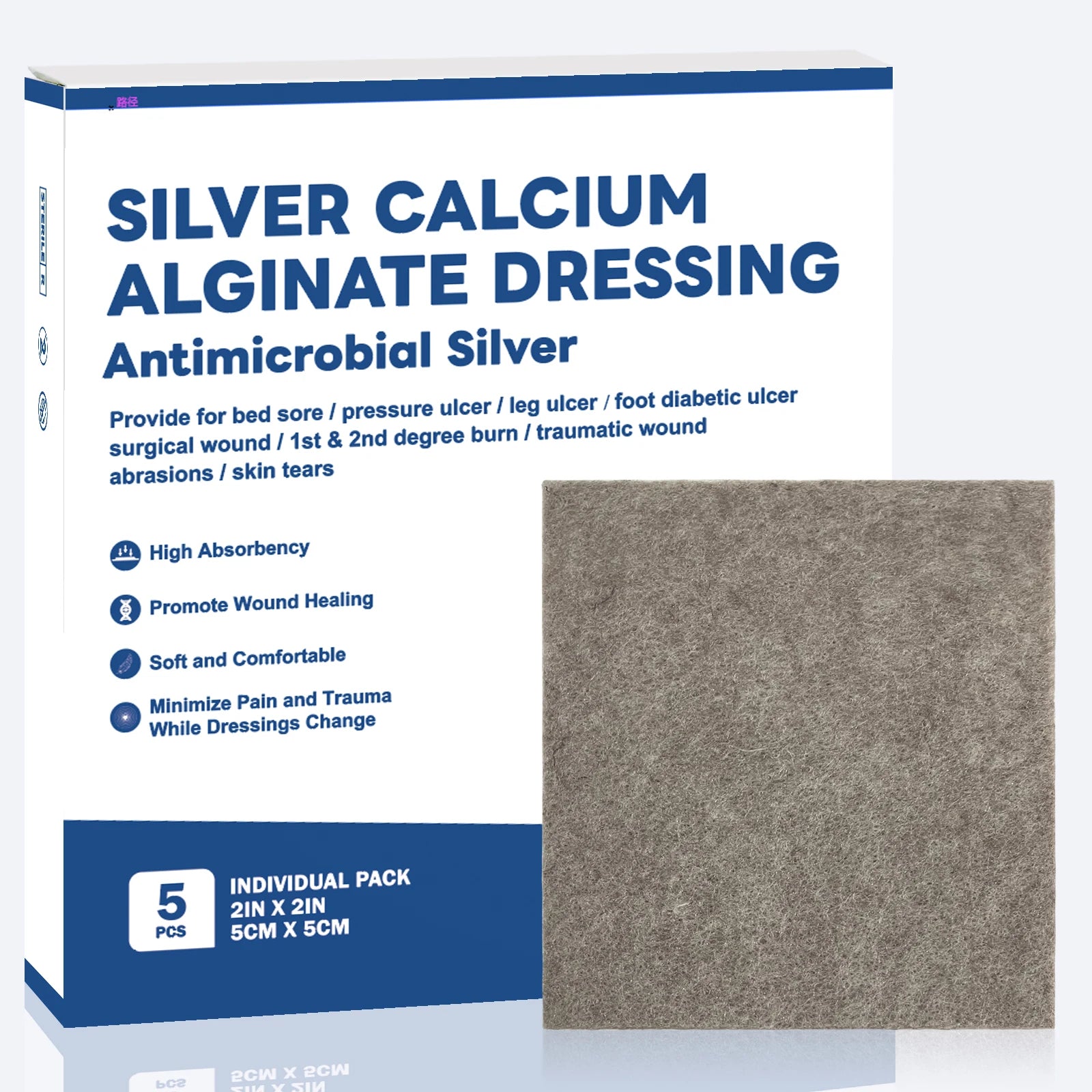 Silver Calcium Alginate Wound Dressing - Sterile Absorbent 2x2in 5pcs