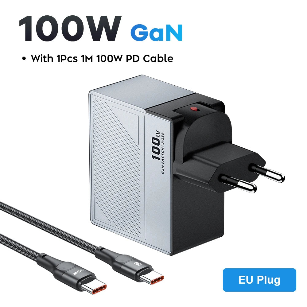 GaN USB Charger 100W &ndash; Ultra-Fast Charging for Multiple Devices EU Plug With Cable
