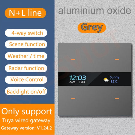 Tuya Zigbee 4 Gang Weather Display Switch &ndash; Time Display Aluminium Grey