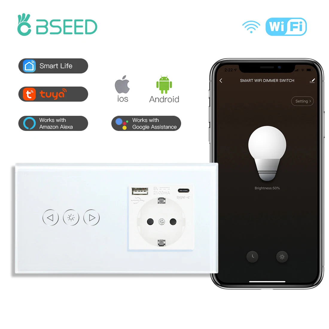 BSEED Wifi Dimmer Switch 1Gang &ndash; Alexa Ready Tuya Smart Life Dim Type-c Socket / EU standard
