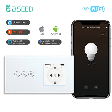 BSEED Wifi Dimmer Switch 1Gang &ndash; Alexa Ready Tuya Smart Life Dim Type-c Socket / EU standard