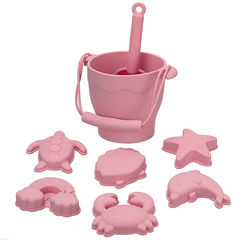 Silicone Beach Toy Set for Kids - 8 Piece Sand Play Set with Bucket and Fun Accessories for Outdoor Fun CED0002-D