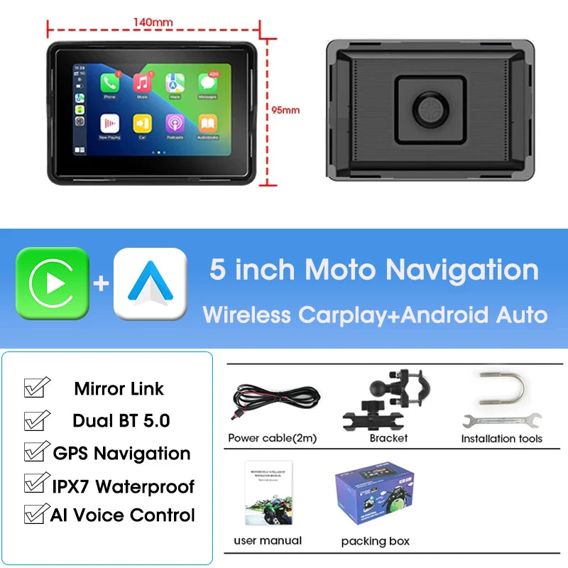 Jansite 5 Inch Portable CarPlay Motorcycle DVR &ndash; IPX7 Waterproof LCD Display 5 inch Carplay