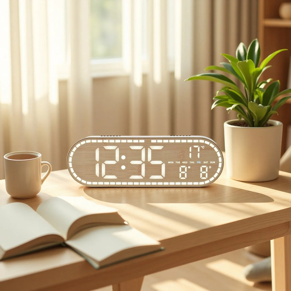 Orologio digitale LED da parete con temperatura, data, 2 allarmi, stile legno e alimentazione USB