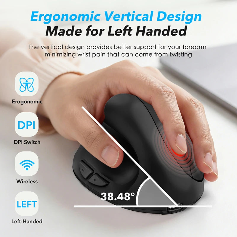 Left Hand Ergonomic Vertical Wireless Mouse Built-in Mouse Jiggler Anti Sleep Mode Silent DPI Adjustable Type-C Charging Mice