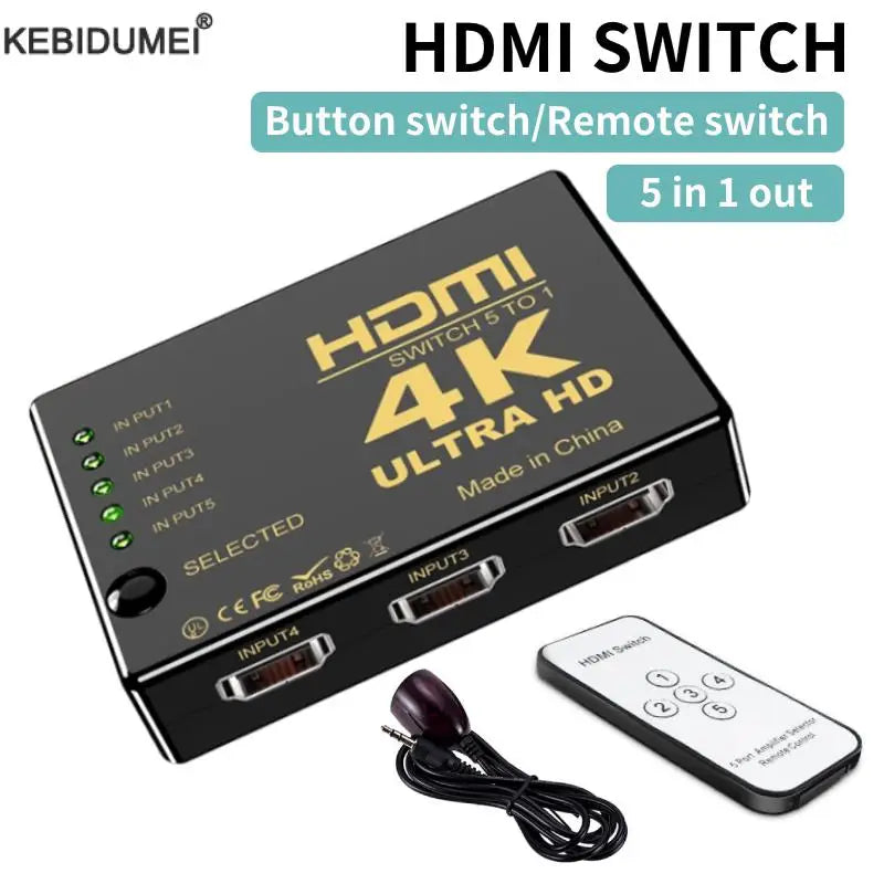 Kebidumei 4K HDMI Switcher 5 in 1 Out with IR Remote Control