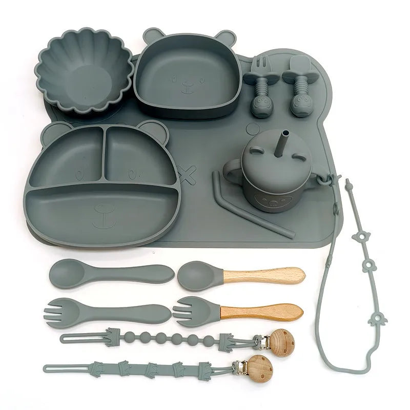 Children's Silicone Meal Plate Set &ndash; Fun Bear Design with Suction Cups navy blue