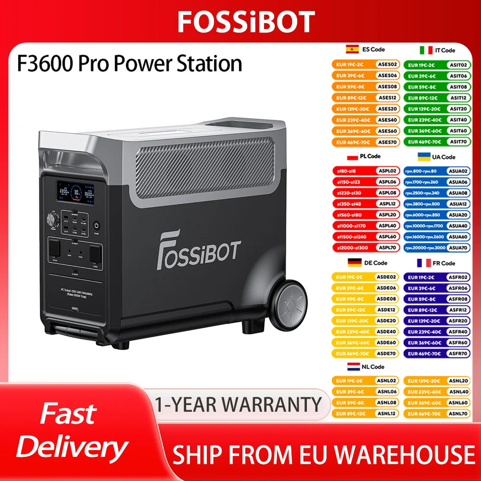 FOSSiBOT F3600 Pro Portatīvā Enerģijas Stacija Ar 2000W Saules Uzlādi, 3840Wh LiFePO4 Akumulators, Paplašināms Līdz 11,520Wh