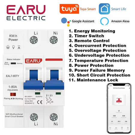 Adjustable Tuya WiFi Smart Circuit Breaker with Energy Meter and Protection Features 1-80A(Adjustable)