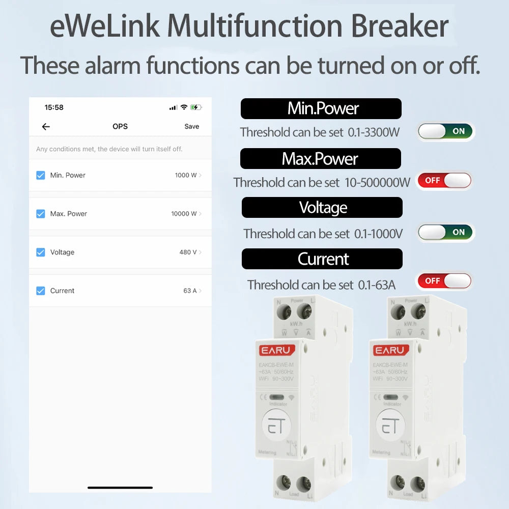 Tuya eWeLink WiFi Smart Circuit Breaker MCB 1P 63A with Voice Control &amp; Energy Monitoring