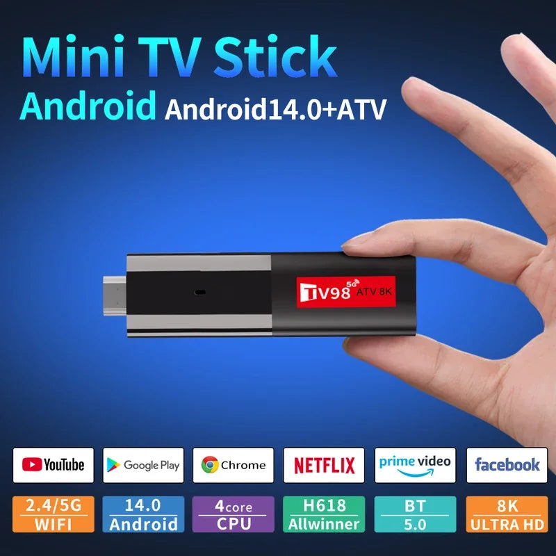 TV98 ATV Mini TV Stick - 8K HDR Streaming with Android 14