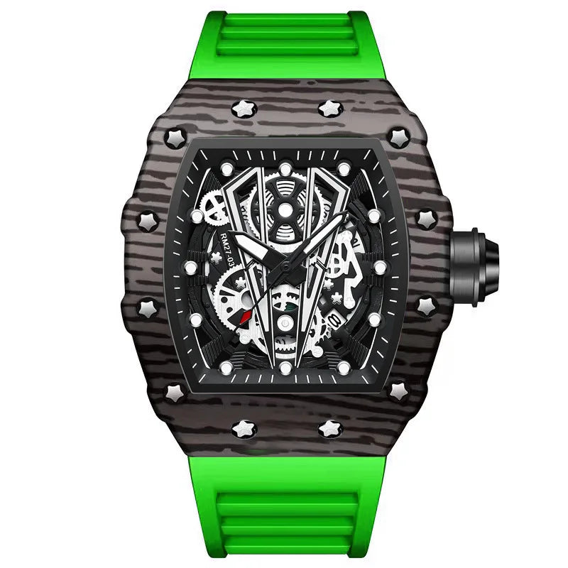 BINBOND Sporty Men's Tonneau Quartz Watch with Hollow Surface and Silicone Strap green