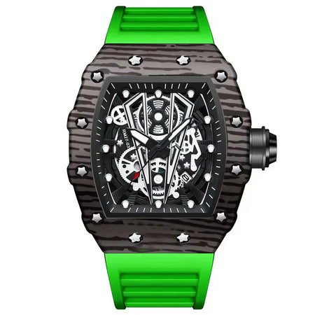 BINBOND Sporty Men's Tonneau Quartz Watch with Hollow Surface and Silicone Strap green