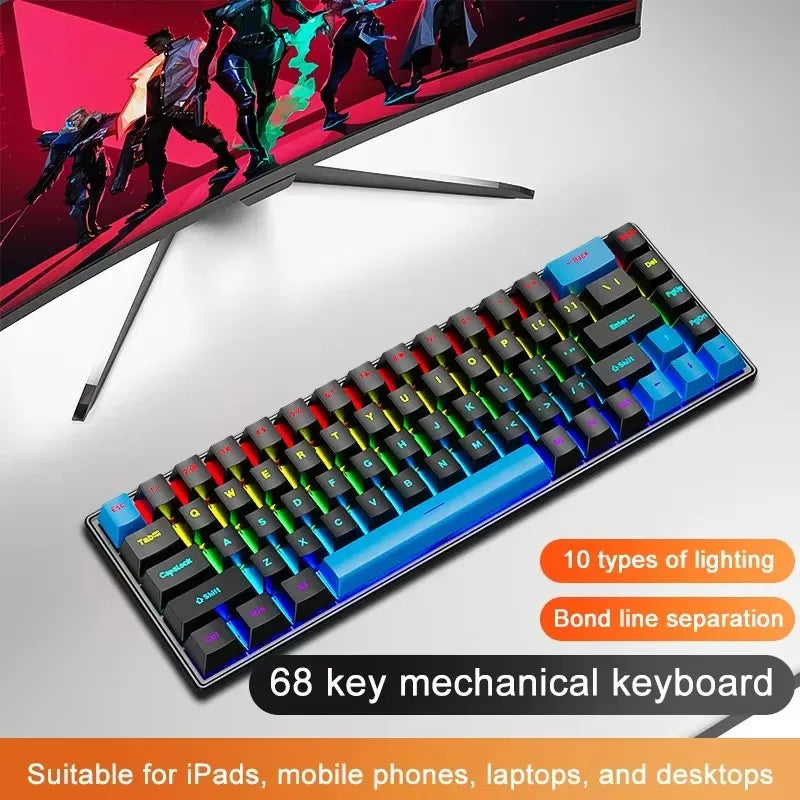 K68 Wired Mechanical Keyboard - Ten Colorful Lighting Modes black-blue / blue switch