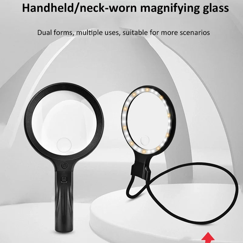 2-in-1 Neck and Handheld Magnifier with 30 LED Lights, Hands-Free Reading 5x/10x