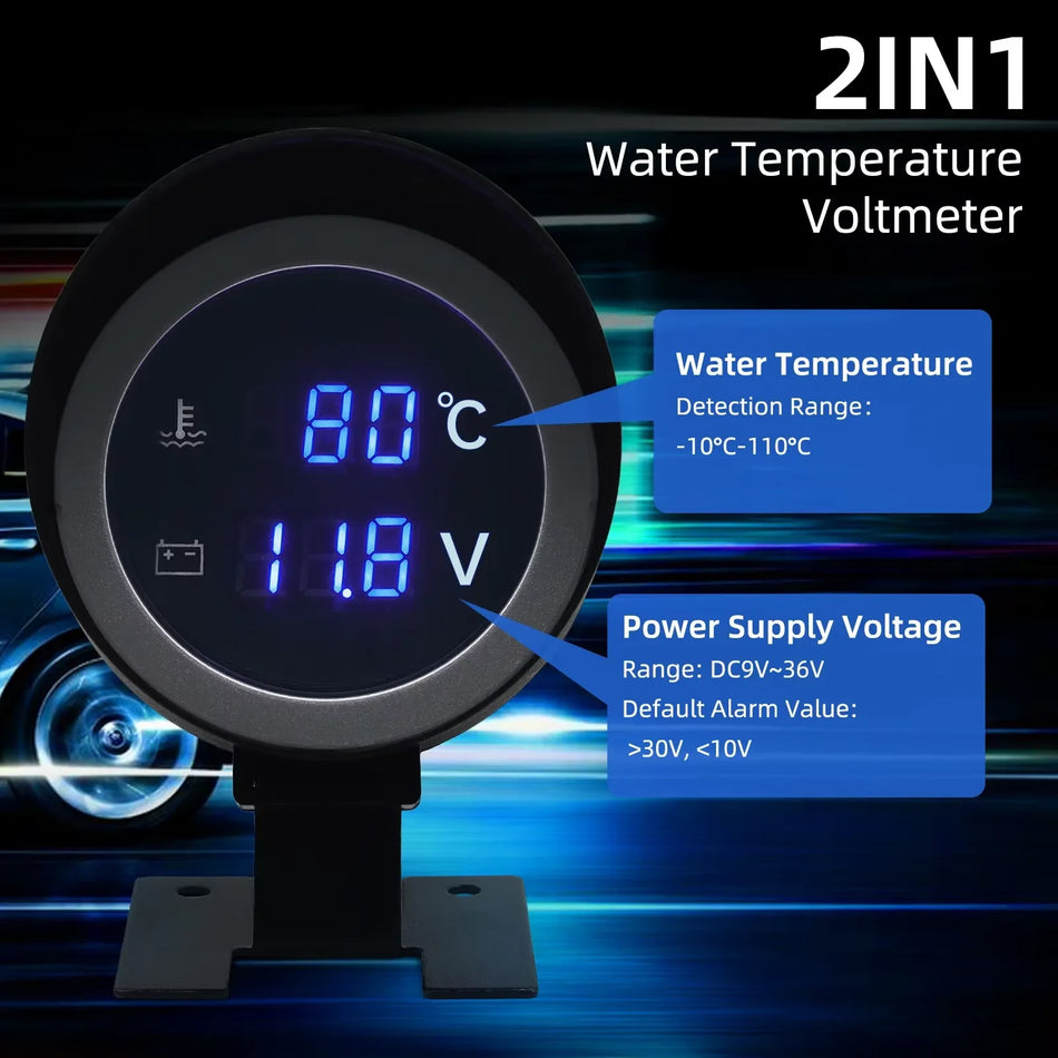 2 in 1 LCD ūdens temperatūras un voltmetra mērītājs 12V/24V transportlīdzekļiem