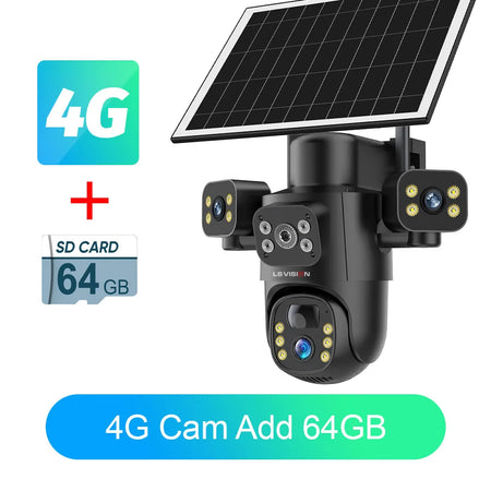 LS VISION 4G / WiFi Solar Camera 3Lenses Outdoor 15MP 4K Low Power Battery IP Camera PIR Night Vision V380 Pro CCTV Security 4G 10XZoom Add 64G / CHINA