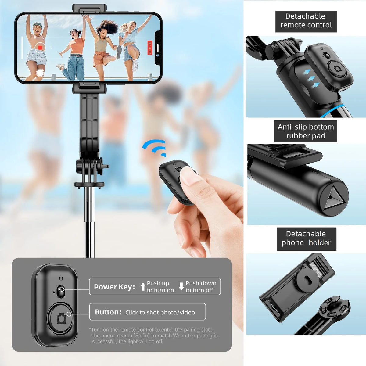 KAMISAFE Wireless Selfie Stick Tripod with Bluetooth Remote - 42&quot; Extendable for Smartphones