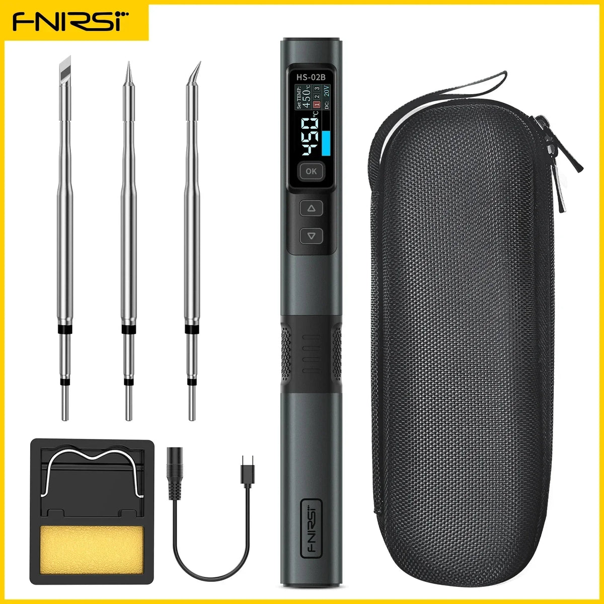 FNIRSI HS-02 Adjustable Temperature Soldering Iron &ndash; Precise 100 to 450&deg;C Control HS-02B-3 Tips