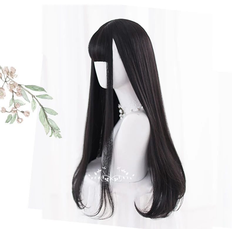 Long Straight Black Synthetic Wig with Bangs for Cosplay and Everyday Wear