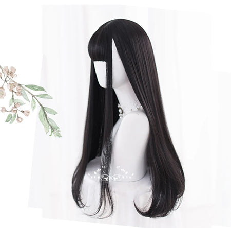 Long Straight Black Synthetic Wig with Bangs for Cosplay and Everyday Wear