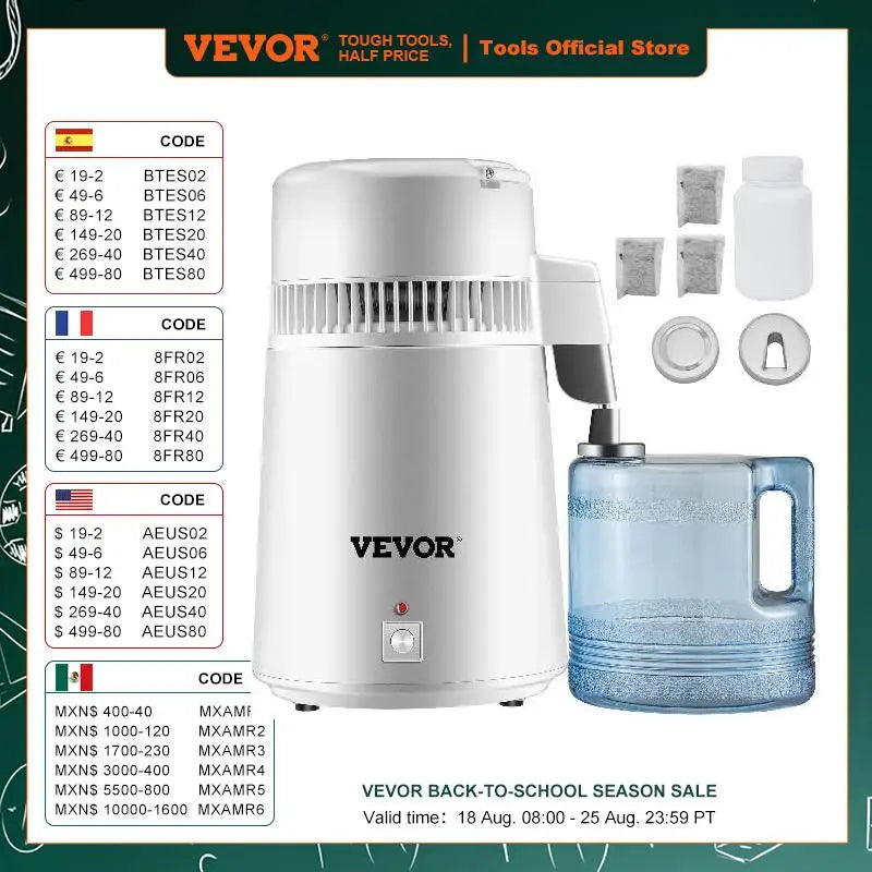 VEVOR Purificador de Agua Destilada de 4L Acero Inoxidable 304 para Uso en Oficina