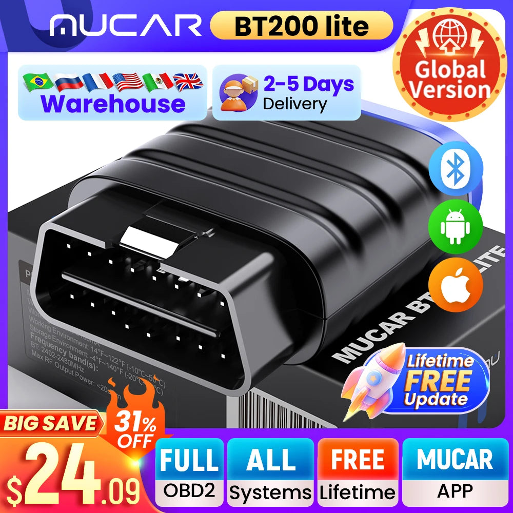 MUCAR BT200 LITE OBD2 Bluetooth Scanner &ndash; Full Diagnostics