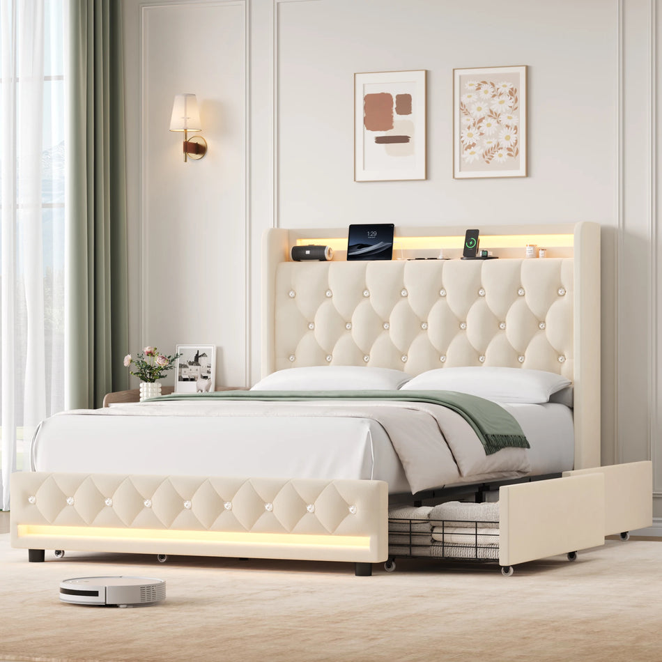 Getone Upholstery Bed 140x200 Led Storage Drawers Modern