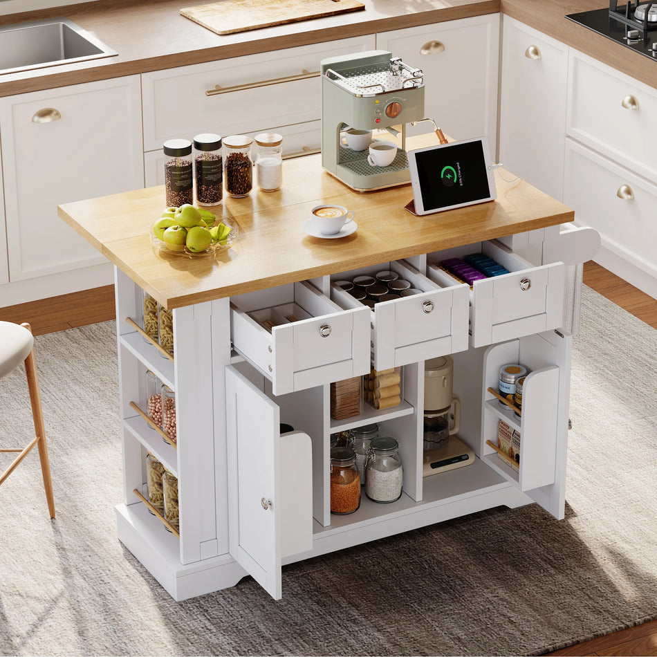 132cm Mobile Kitchen Island With Foldable Worktop Cabinet